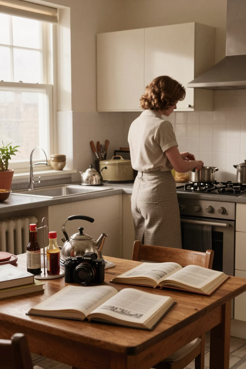 Busy London Kitchen Morning 1970s Style with Kettle and Porcelain in in London, United Kingdom