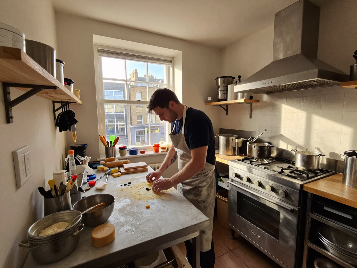 Busy London Kitchen Scene Late Afternoon Light with Baker and Cookbooks in in London, United Kingdom