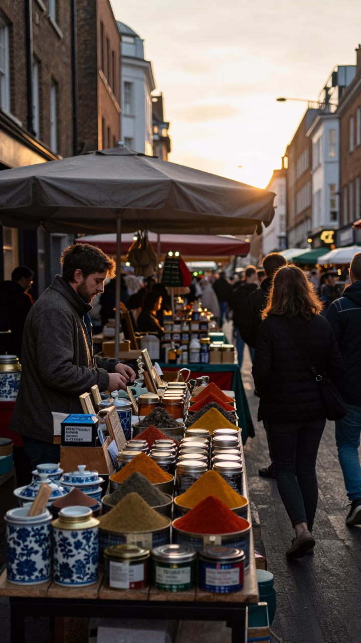 Busy London Market Stall Golden Hour with Spice Tins and Porcelain in in London, United Kingdom