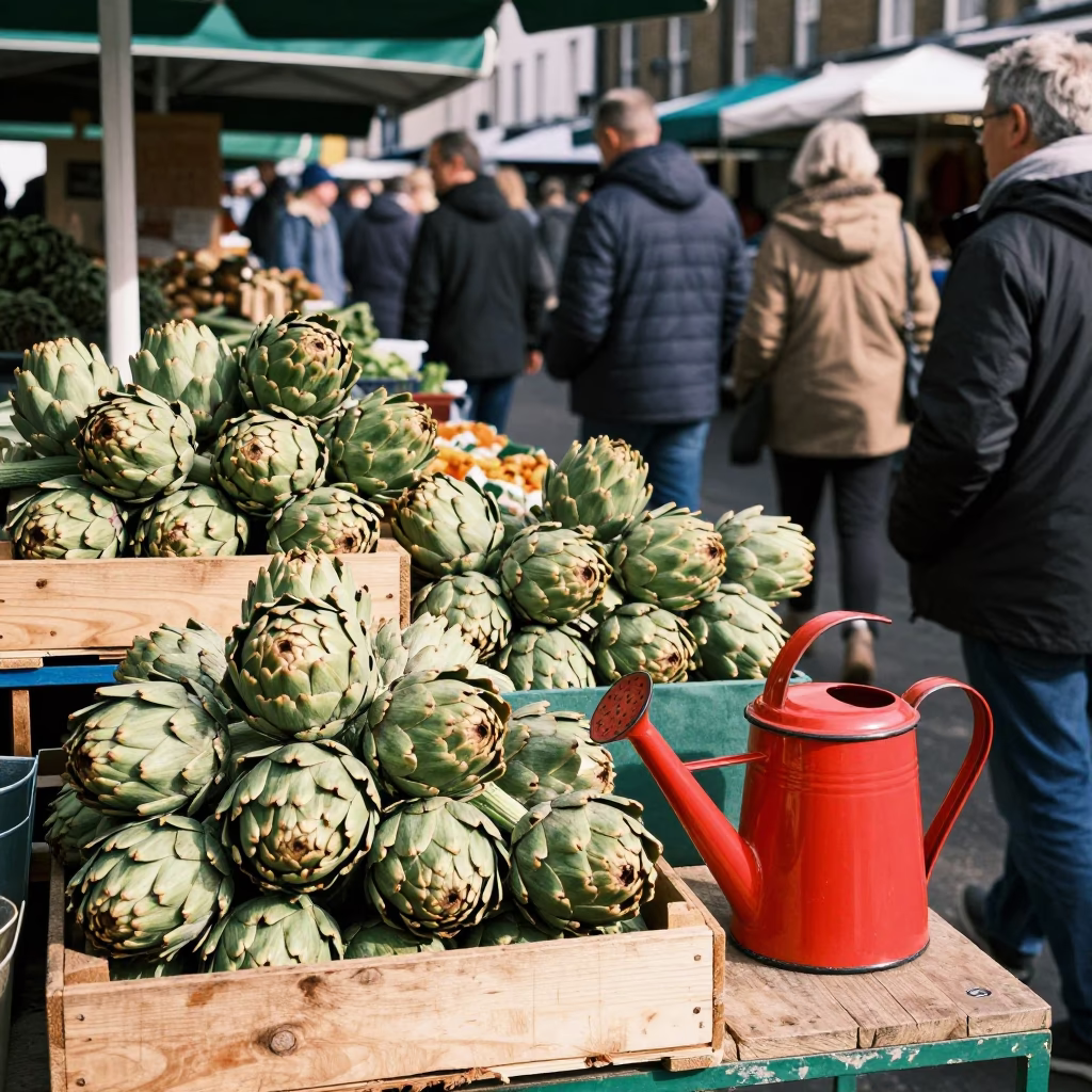 Busy London Market Stall with Artichokes and Watering Jug Under Noon Glare in in London, United Kingdom