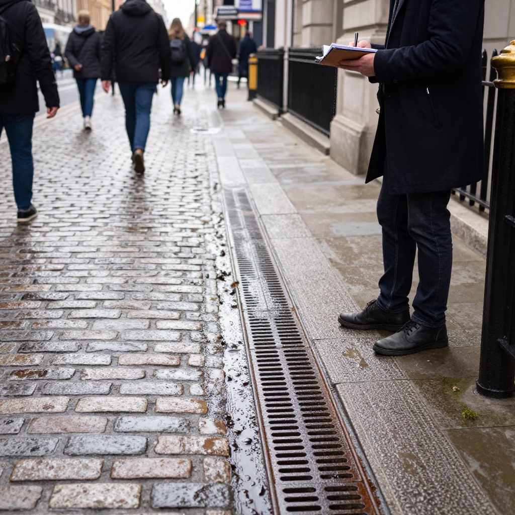 Busy London Sidewalk Scene with Condensation on Drain and Notebook at Midday in in London, United Kingdom