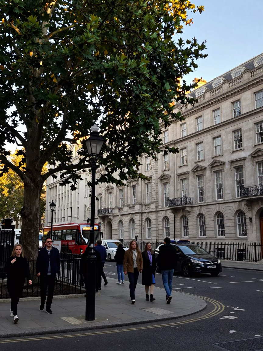 Busy London Street Corner Afternoon with Pedestrians and Urban Details in in London, United Kingdom