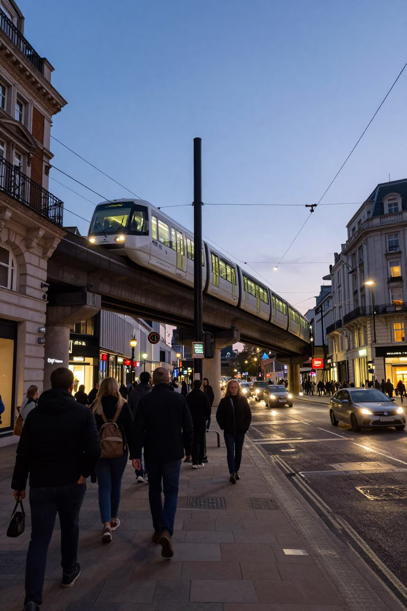 Busy London Street Corner at Dusk with Monorail Overhead and Pedestrians in in London, United Kingdom