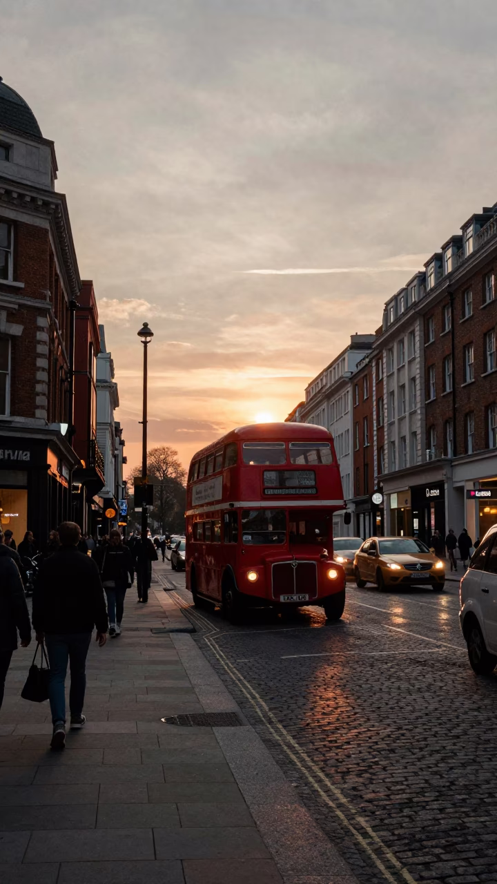 Busy London Street Corner at Dusk with Vintage Cars and Brick Architecture in in London, United Kingdom