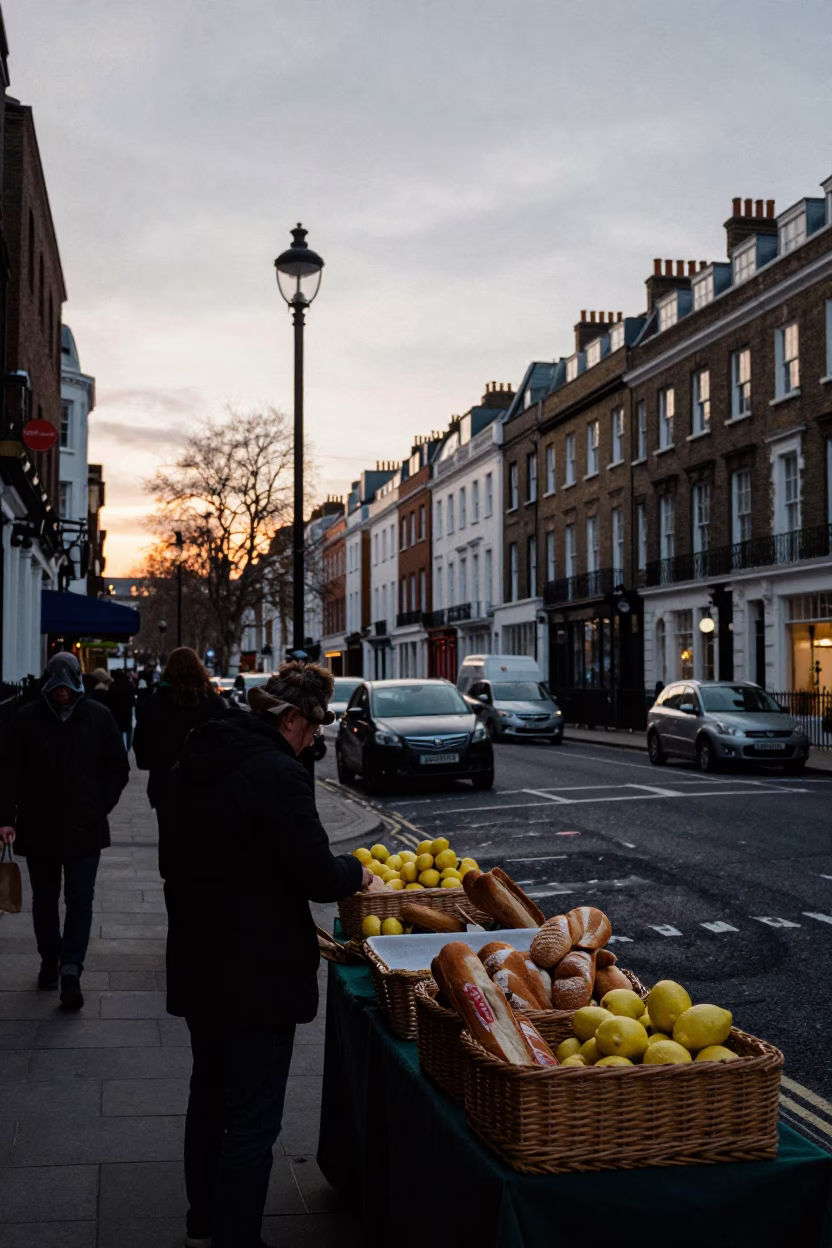 Busy London Street Corner at Nautical Dawn with Lemons and Woven Bread Basket in in London, United Kingdom