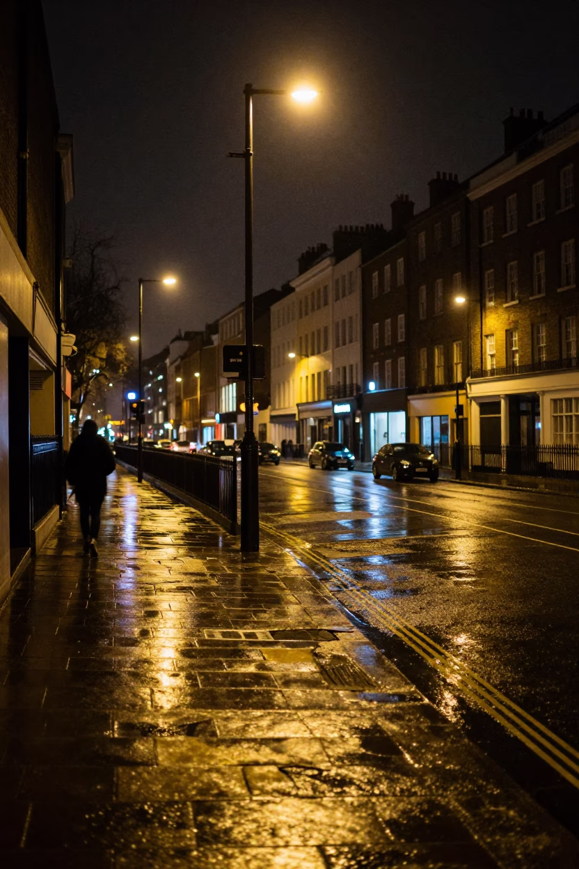 Busy London Street Corner at Night with Crumbling Canal Lock Gates and Urban Decay in in London, United Kingdom