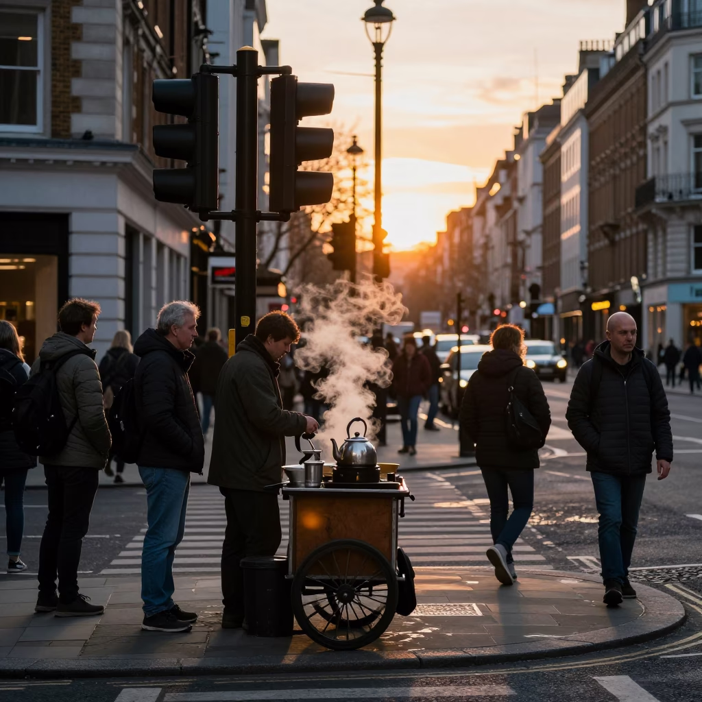 Busy London Street Corner at Sunset with Tea Kettle and Vintage Street Scene in in London, United Kingdom