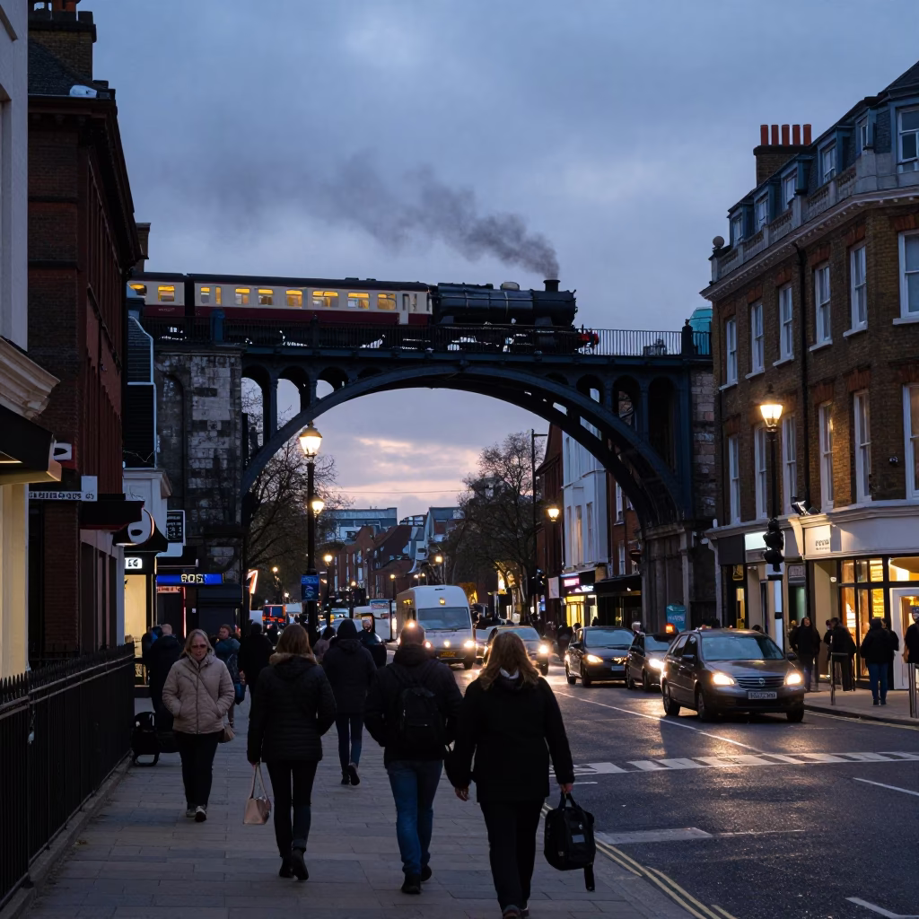 Busy London Street Corner at Twilight with Railway Viaduct and Steam Train in in London, United Kingdom