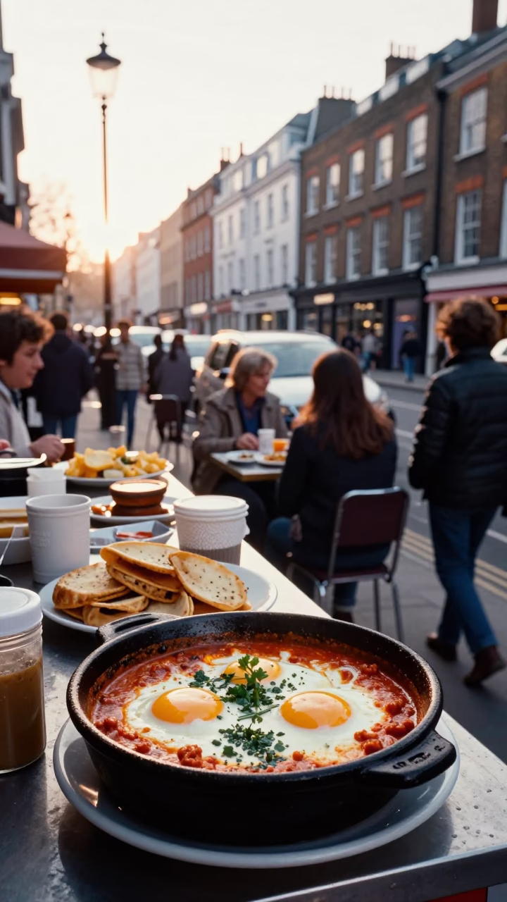 Busy London street corner breakfast stall with shakshoka and wet pavement after sunrise in in London, United Kingdom