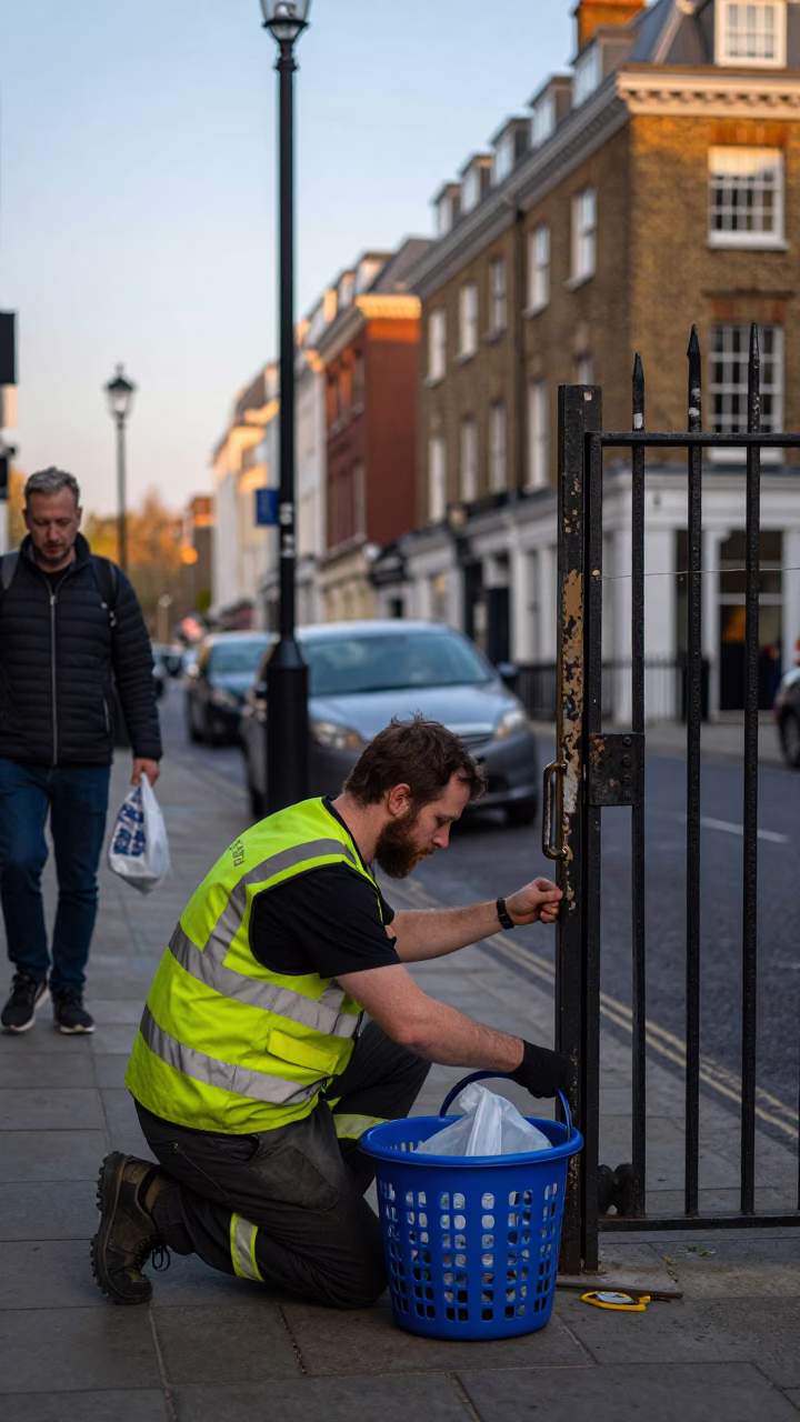 Busy London Street Corner Early Evening with Gardener and Laundry Basket in in London, United Kingdom