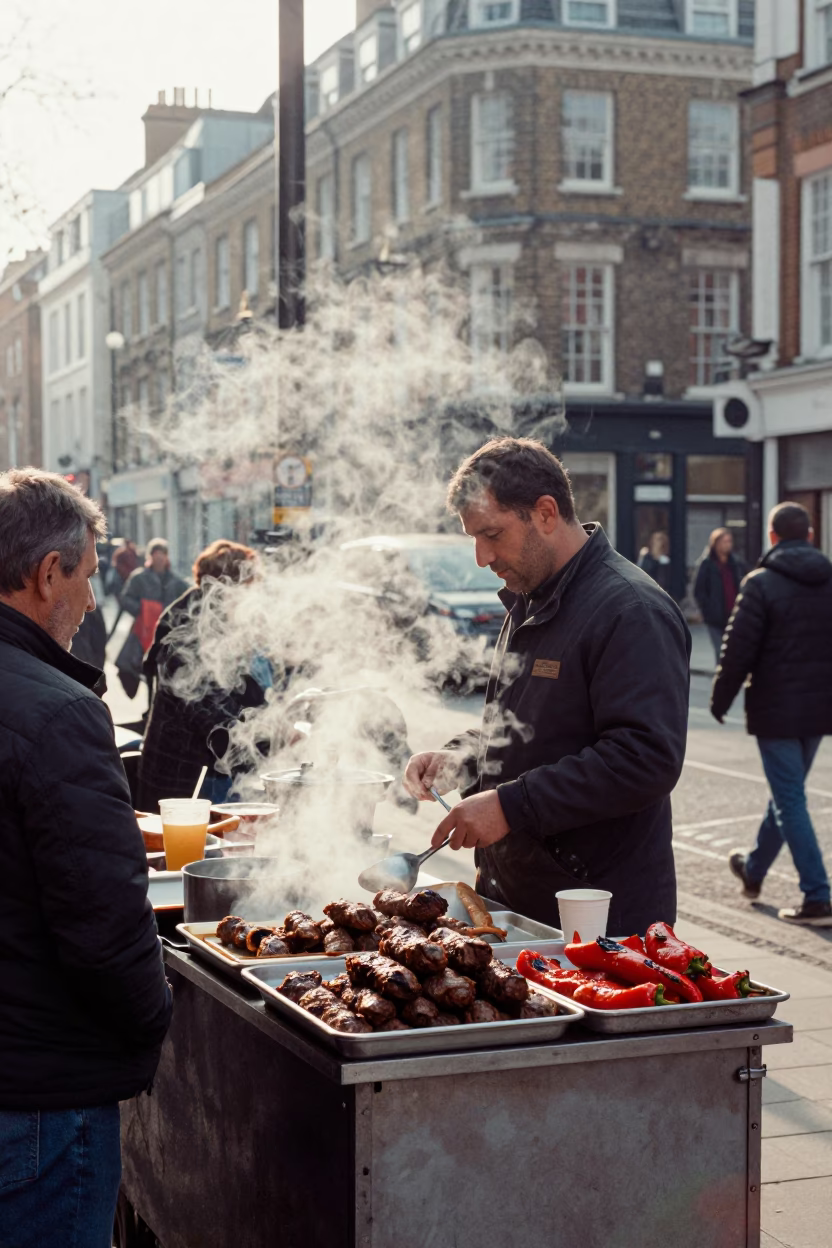 Busy London Street Corner Early Morning Breakfast Stall with Grilled Kofte and Grilled Peppers in in London, United Kingdom
