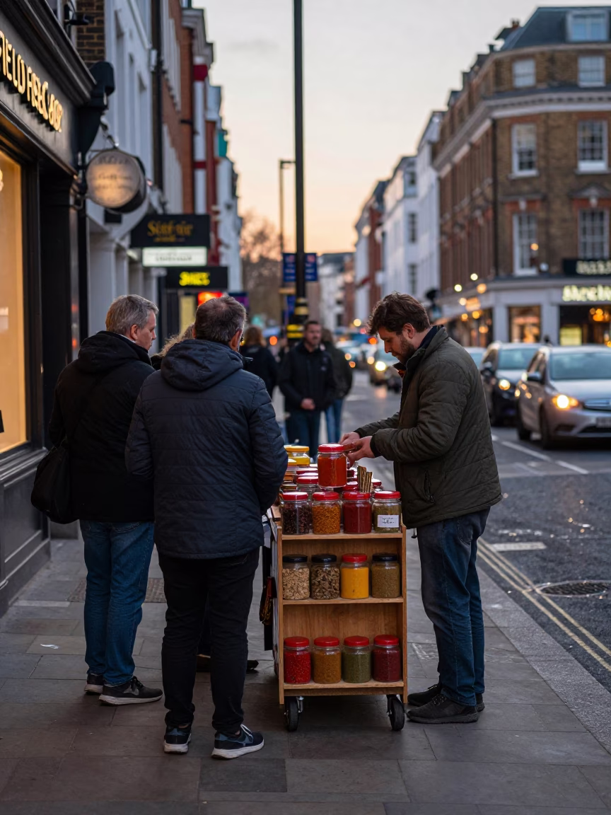 Busy London Street Corner Evening with Spice Jar and Bridge Pier Inspection Ladder in in London, United Kingdom