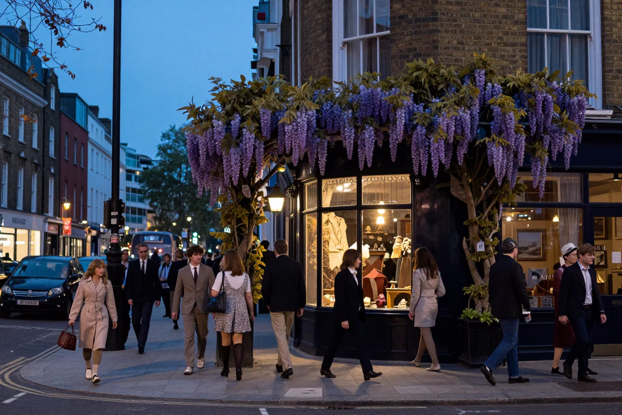 Busy London Street Corner Evening with Wisteria Pergola and Vintage Shop Window Display in in London, United Kingdom