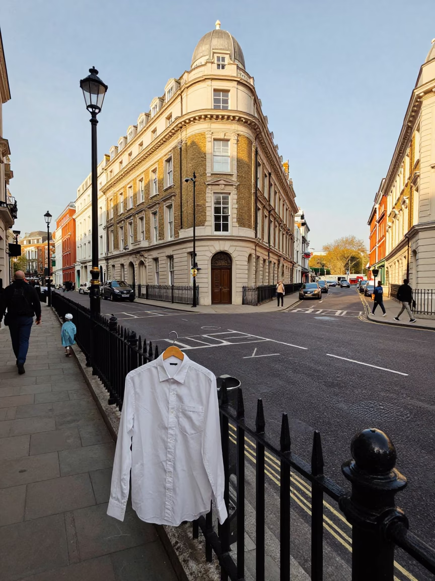 Busy London Street Corner in Early Afternoon with Vintage Car Rally and Shirt Hanger in in London, United Kingdom