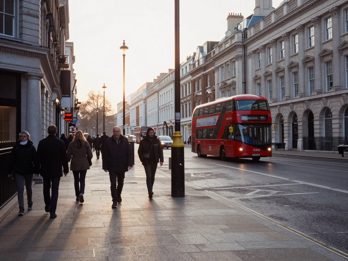 Busy London Street Corner Just After Sunrise with Pedestrians and Vintage Details in in London, United Kingdom