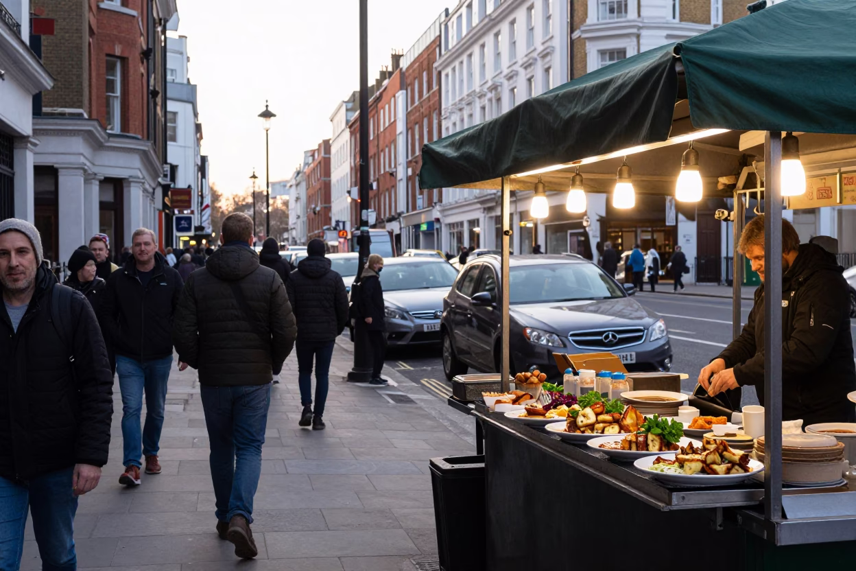 Busy London Street Corner Morning Commute with Food Stall and Bottle in in London, United Kingdom