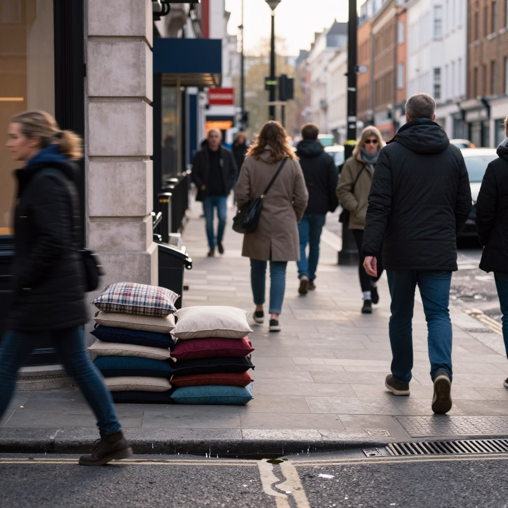 Busy London Street Corner with Cushions and Urban Details in Early Afternoon in in London, United Kingdom