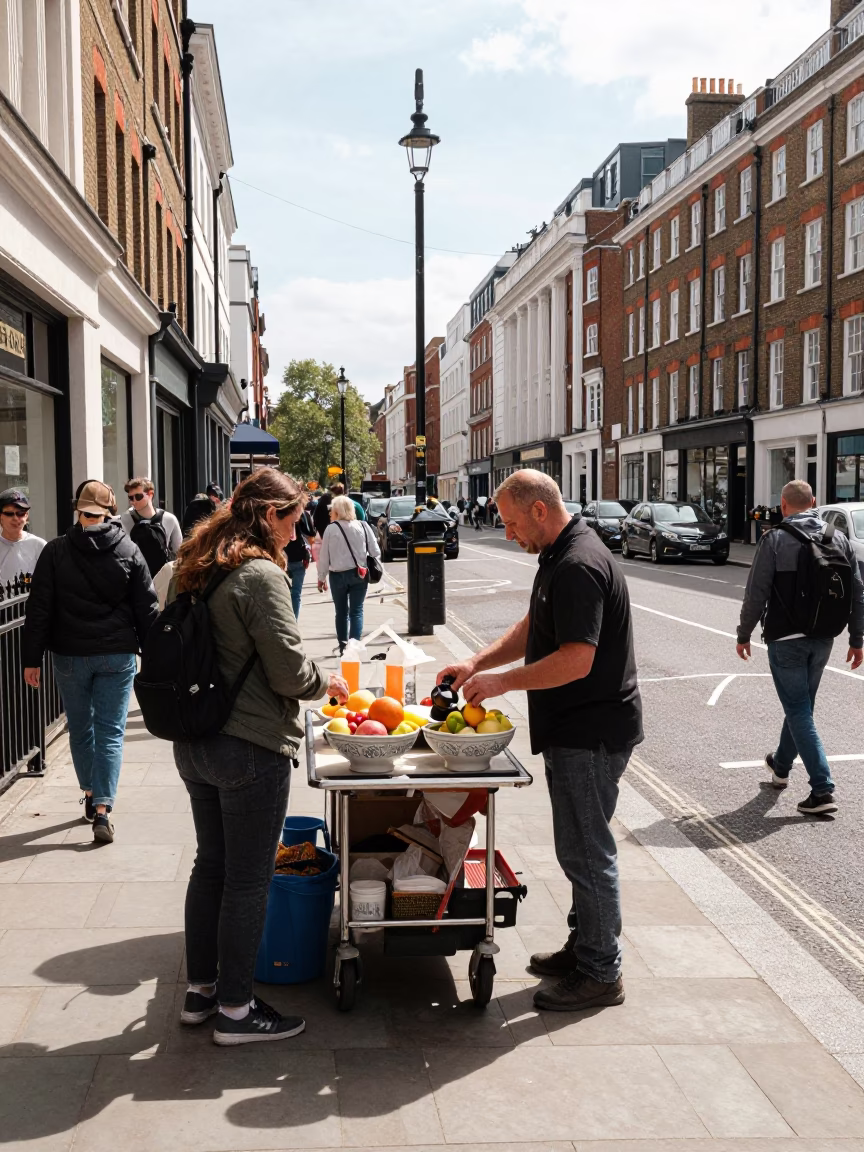 Busy London Street Corner with Food Vendors and Pedestrians Under Noon Sun in in London, United Kingdom