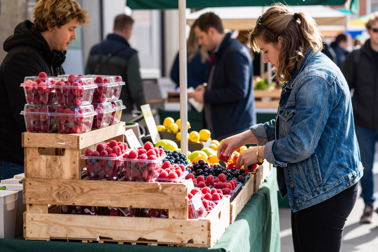 Busy London Street Market Stall with Raspberries and Glass Display in Bright Midmorning Light in in London, United Kingdom