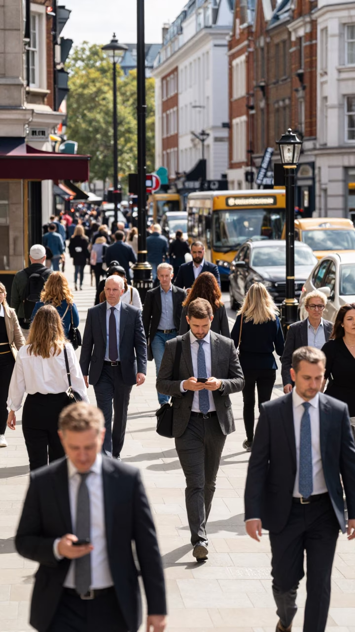 Busy London Street Midday Scene with Commuters and Urban Details in in London, United Kingdom