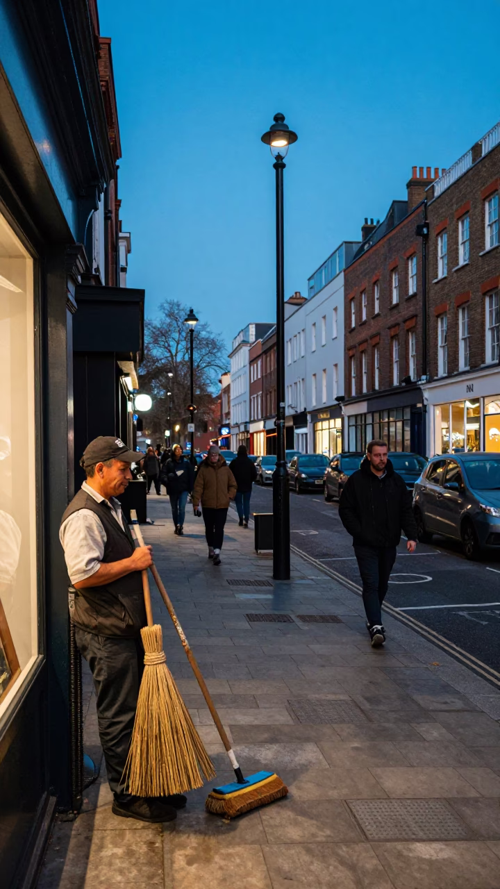 Busy London Street Scene at Blue Hour with Mops and Traditional Architecture in in London, United Kingdom