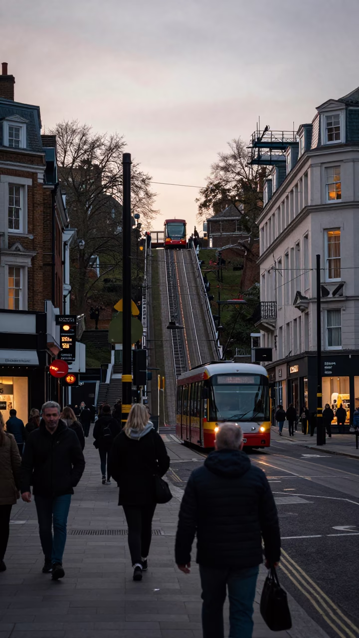 Busy London Street Scene at Dawn with Funicular and Urban Details in in London, United Kingdom