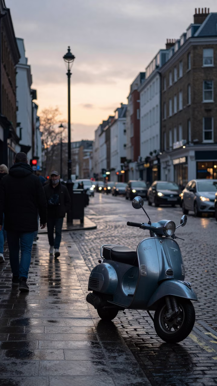 Busy London Street Scene at Dawn with Vintage Scooter and Urban Details in in London, United Kingdom