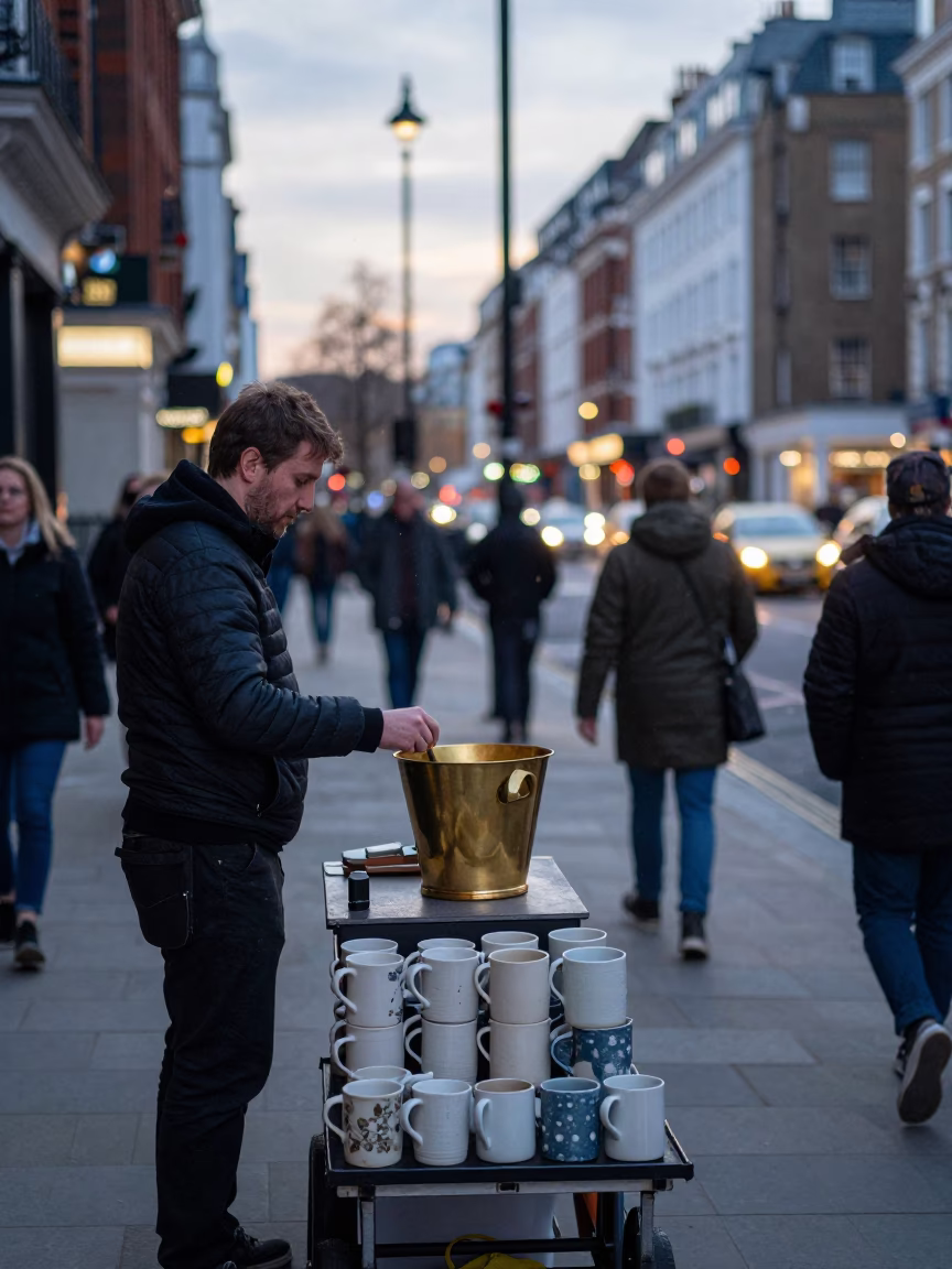 Busy London Street Scene at Dusk with Ceramic Mugs and Brass Details in in London, United Kingdom