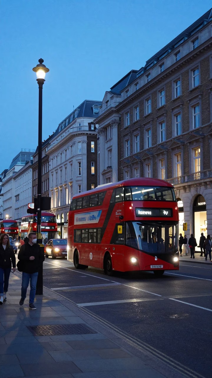 Busy London Street Scene at Dusk with Red Bus and Pedestrians in in London, United Kingdom