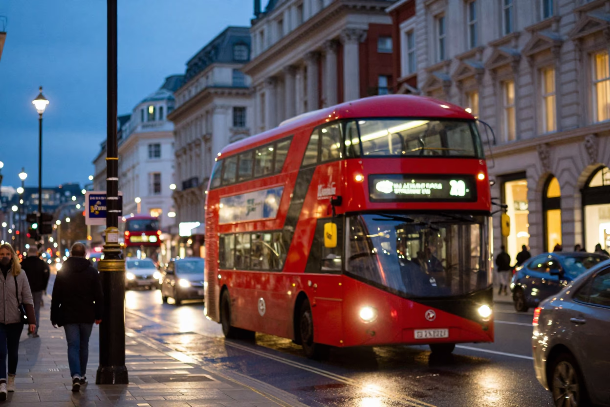Busy London Street Scene at Dusk with Red Bus and Shop Signs in in London, United Kingdom