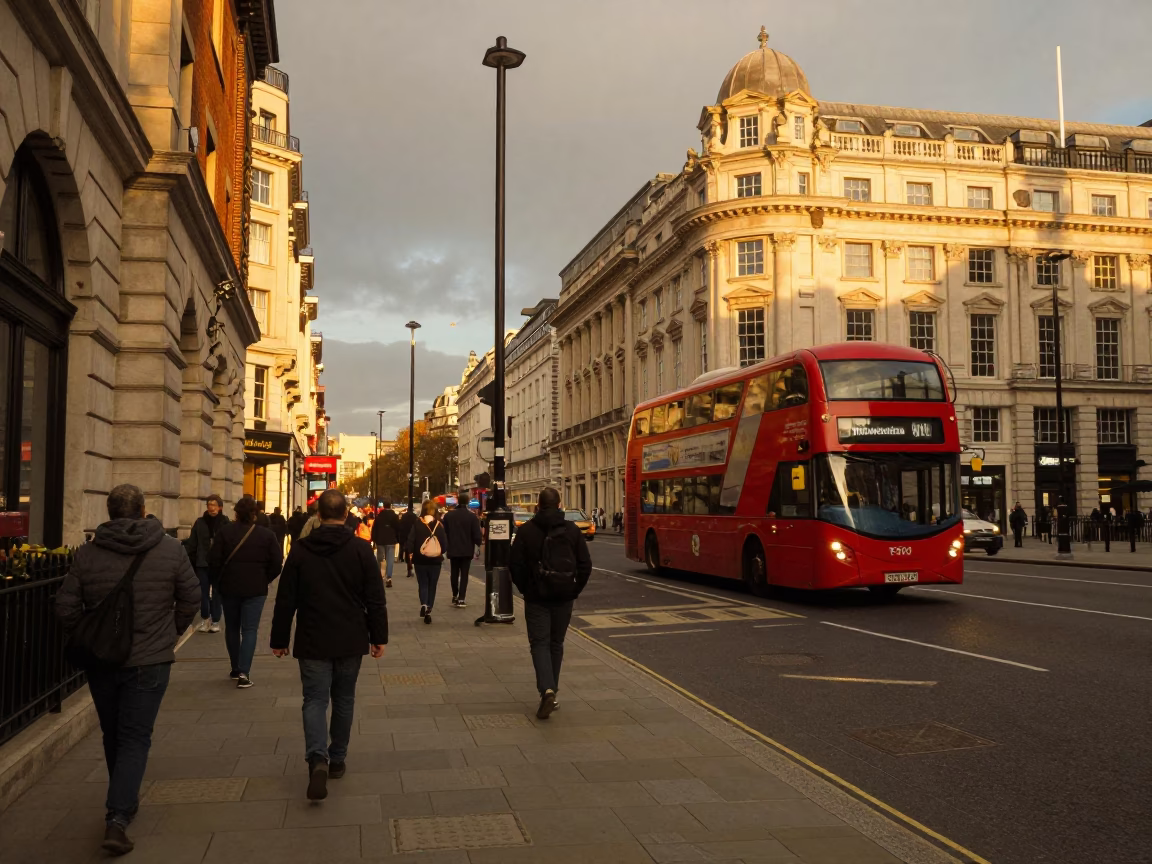 Busy London Street Scene at Golden Hour with Commuters and Urban Architecture in in London, United Kingdom
