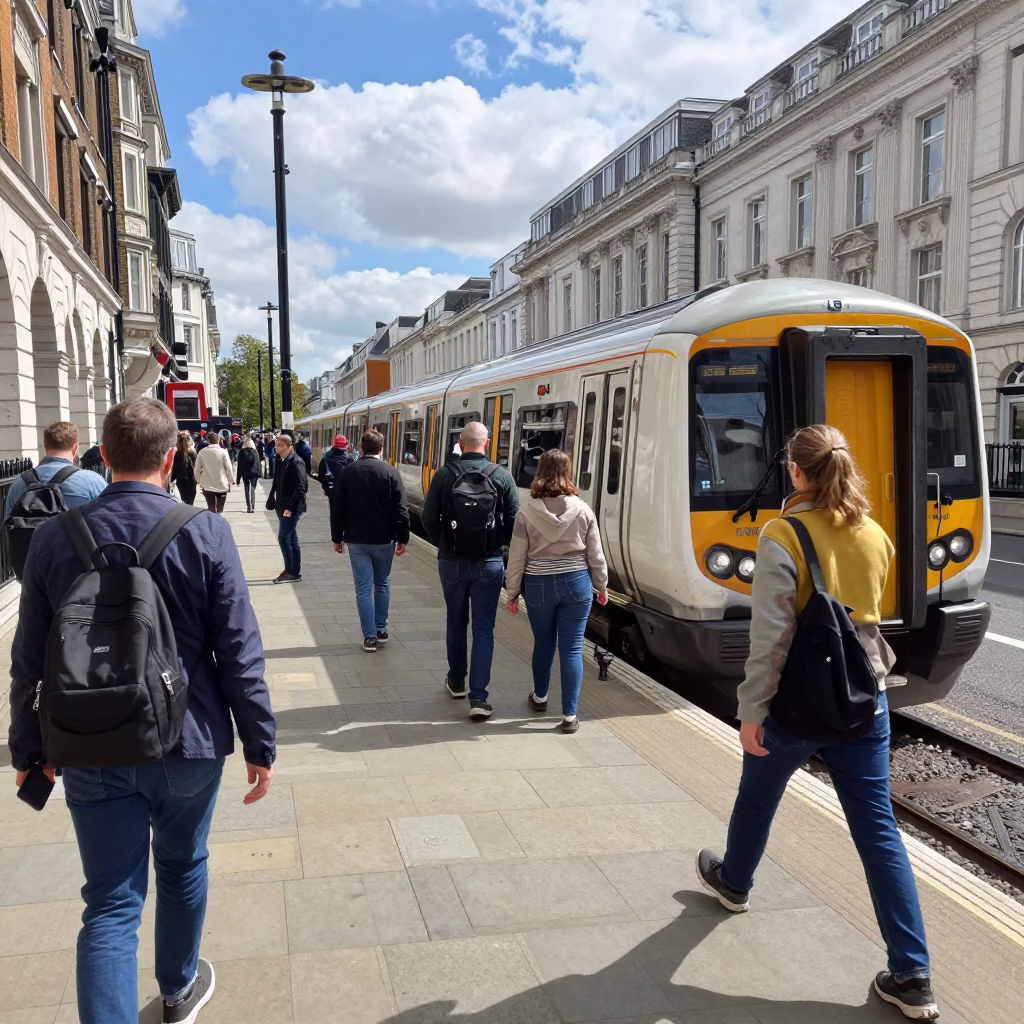 Busy London Street Scene at Midday with Commuter Train and Demolition Dumpster in in London, United Kingdom