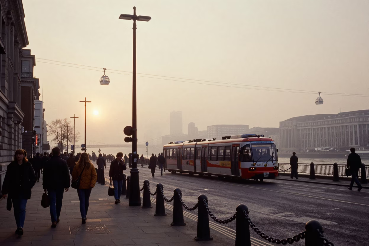 Busy London Street Scene at Nautical Dawn with Chain Ferry and Tramway in in London, United Kingdom