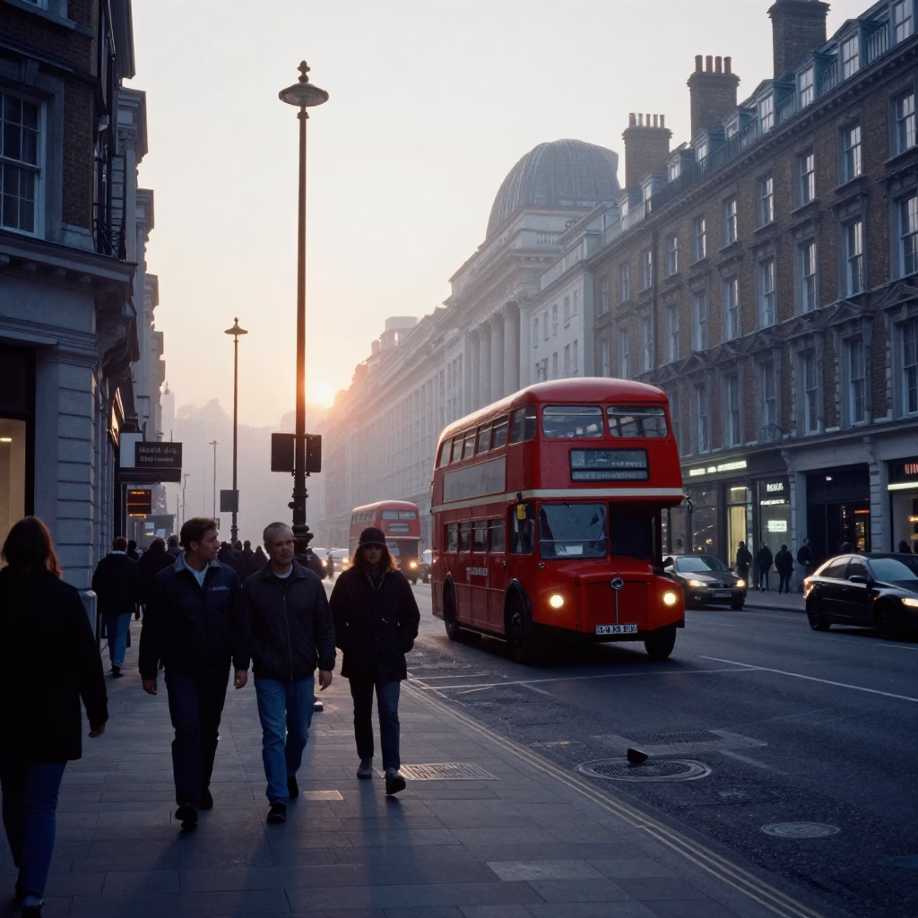 Busy London Street Scene at Nautical Dawn with Vintage 1970s Atmosphere and Local Details in in London, United Kingdom