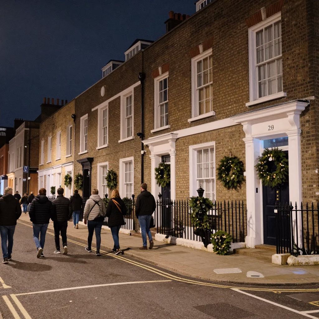 Busy London Street Scene at Night with Door Wreaths and Urban Activity in in London, United Kingdom