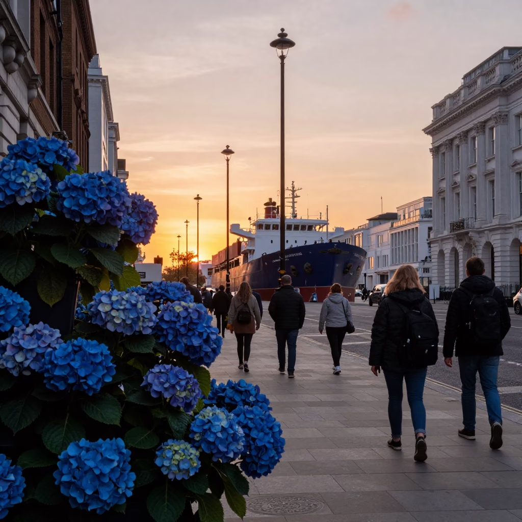 Busy London Street Scene at Sunset with Cargo Ship and Hydrangeas in in London, United Kingdom
