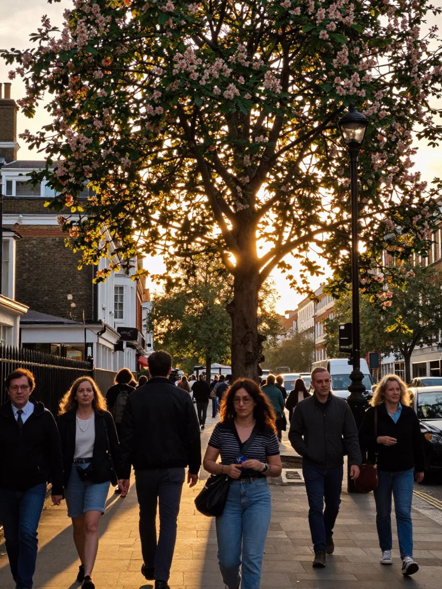 Busy London Street Scene at Sunset with Chestnut Tree Husks and Urban Details in in London, United Kingdom