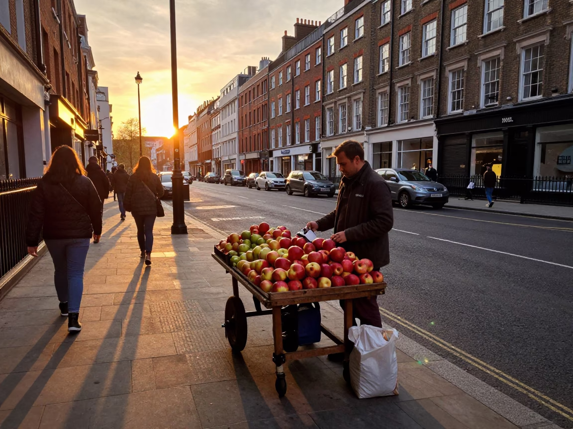 Busy London Street Scene at Sunset with Fruit Vendor and Pedestrians in in London, United Kingdom
