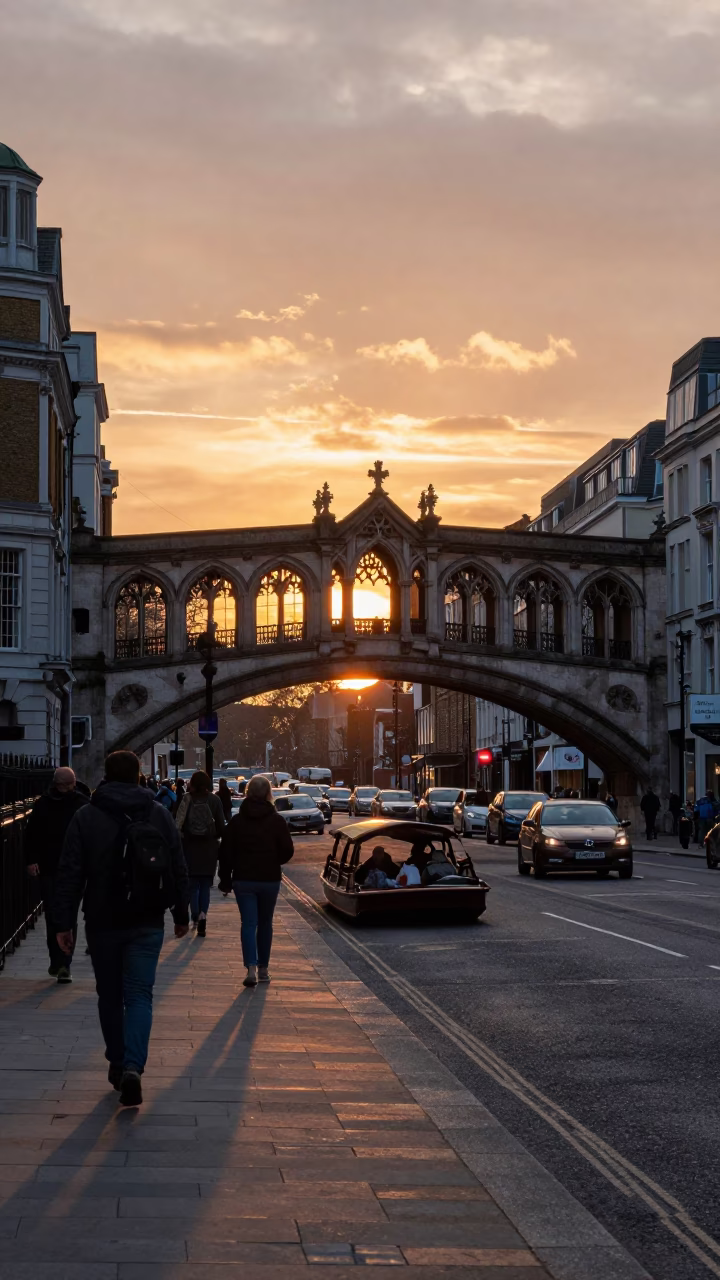 Busy London Street Scene at Sunset with Gothic Bridge and Punt in United Kingdom in in London, United Kingdom
