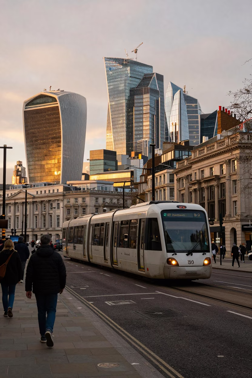 Busy London Street Scene at Sunset with Monorail and Urban Details in in London, United Kingdom