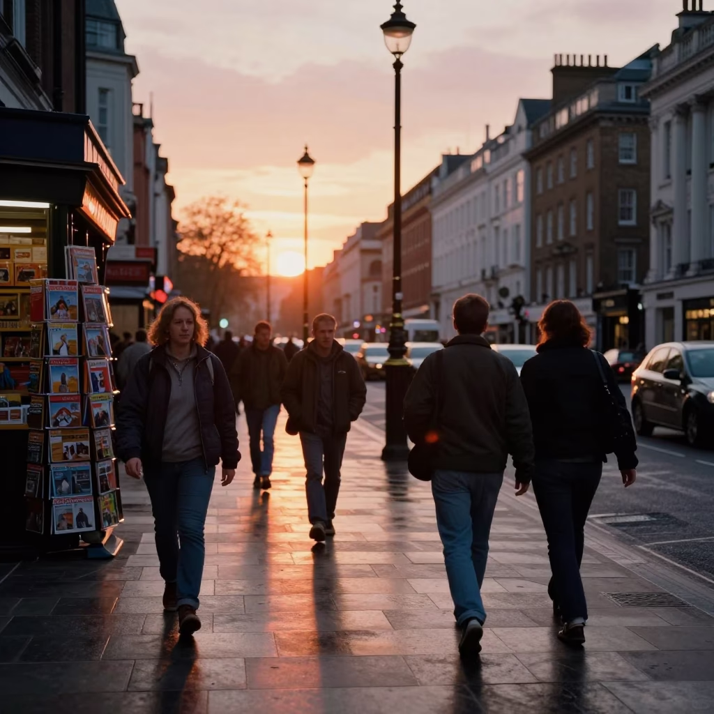Busy London Street Scene at Sunset with Pedestrians and Urban Details in in London, United Kingdom