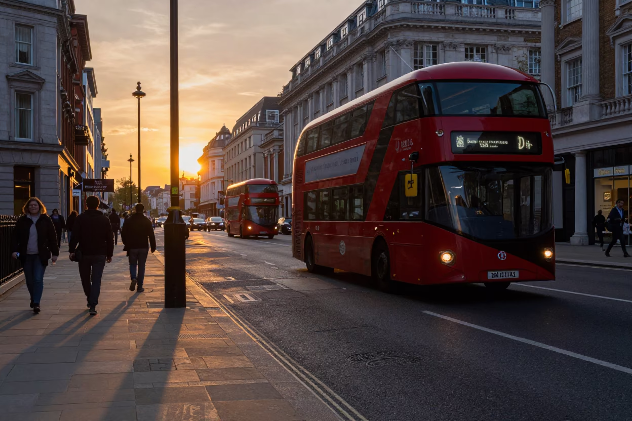 Busy London Street Scene at Sunset with Red Bus and Lemons in in London, United Kingdom