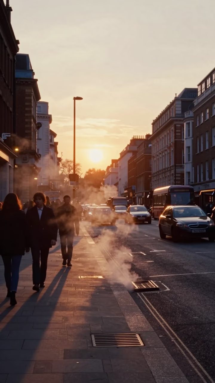 Busy London Street Scene at Sunset with Steam Haze and Vintage Vehicles in in London, United Kingdom