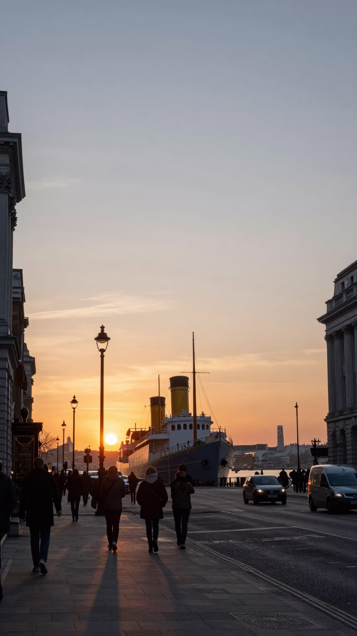 Busy London Street Scene at Sunset with Steamship in Background in in London, United Kingdom