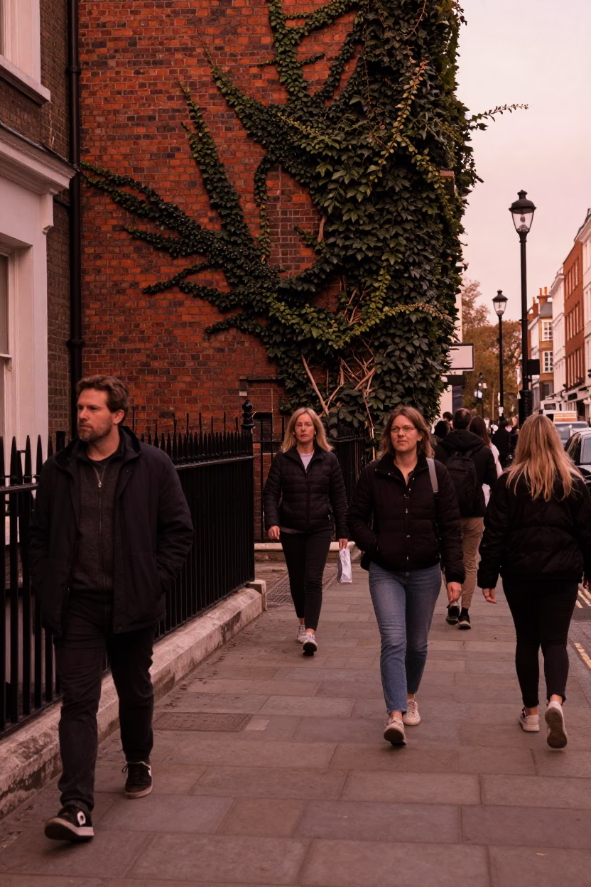 Busy London Street Scene Before Dusk with Ivy Brick Wall and Pedestrians in in London, United Kingdom