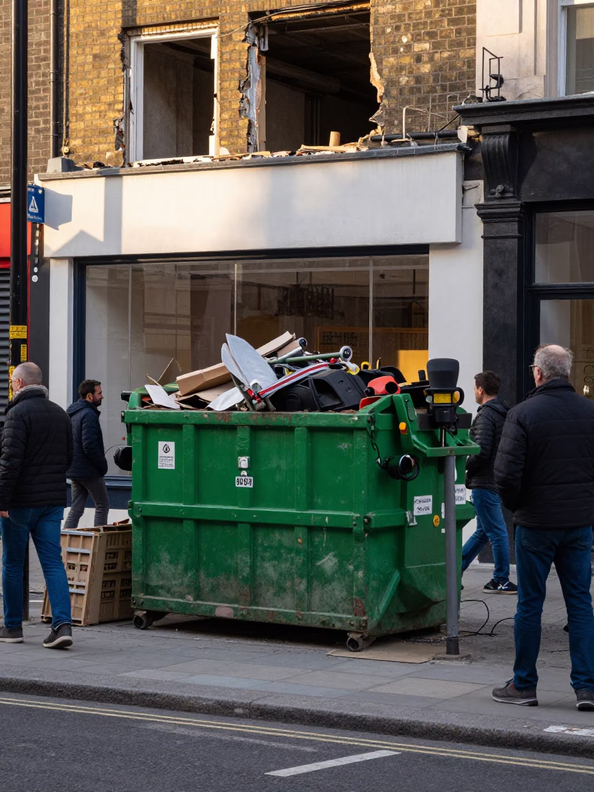 Busy London Street Scene Early Afternoon Demolition Dumpster and Local Life in in London, United Kingdom