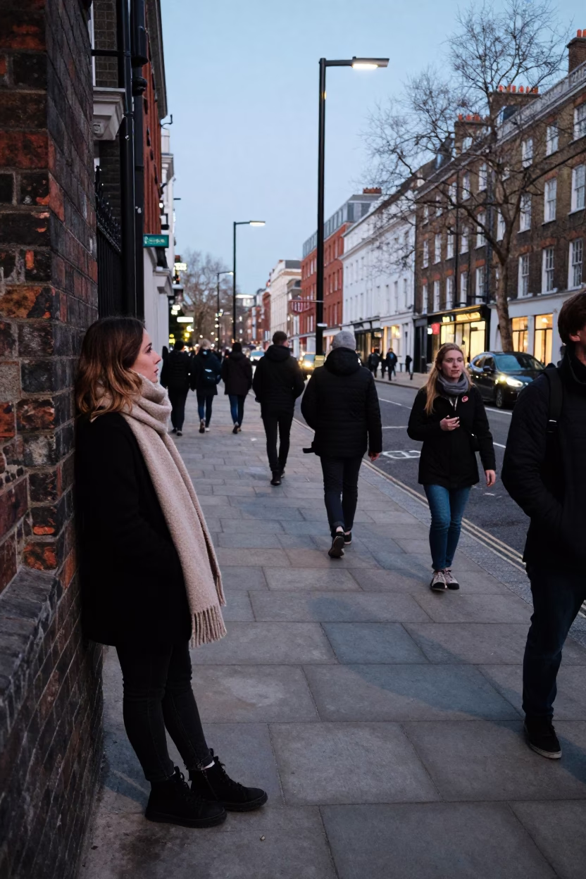 Busy London Street Scene Early Evening with Commuter Scarf and Sketchbook in in London, United Kingdom