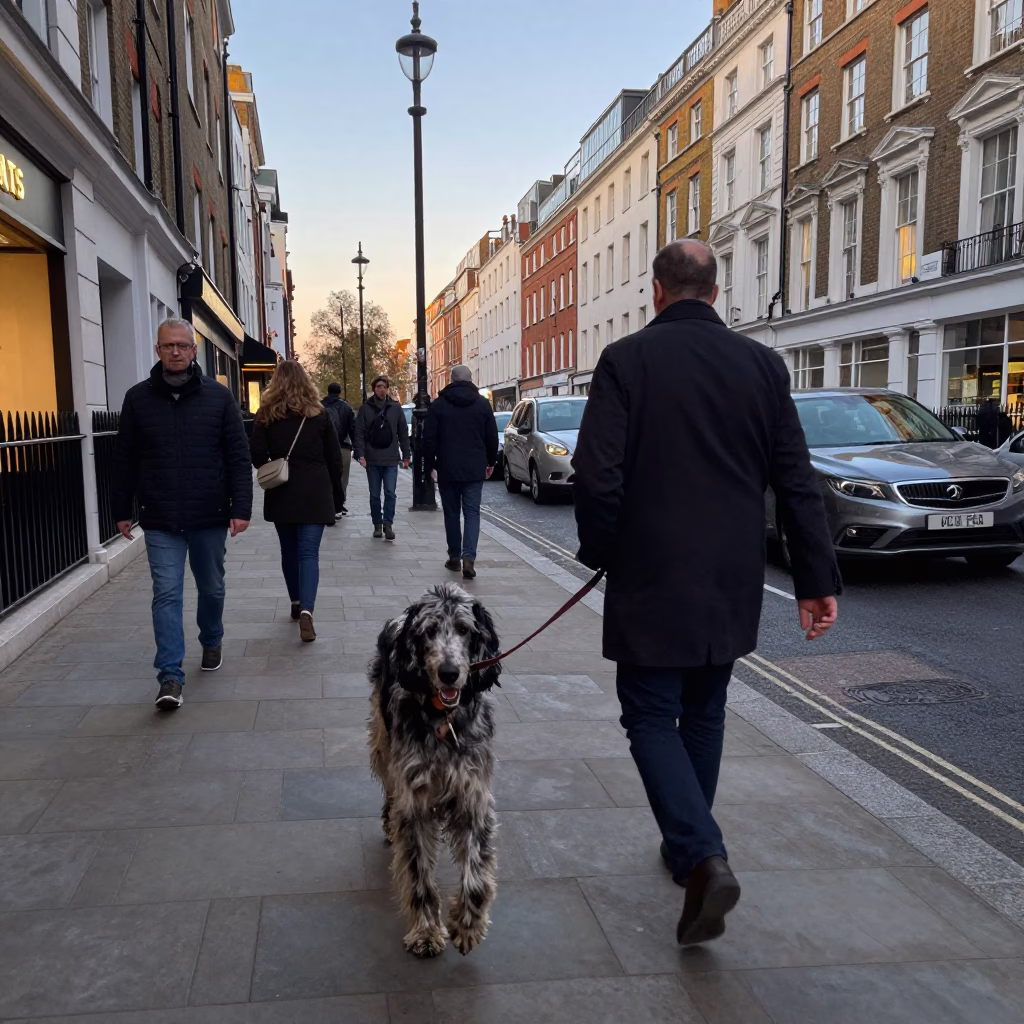 Busy London Street Scene Early Evening with Gordon Setter and Fruit Stall in in London, United Kingdom