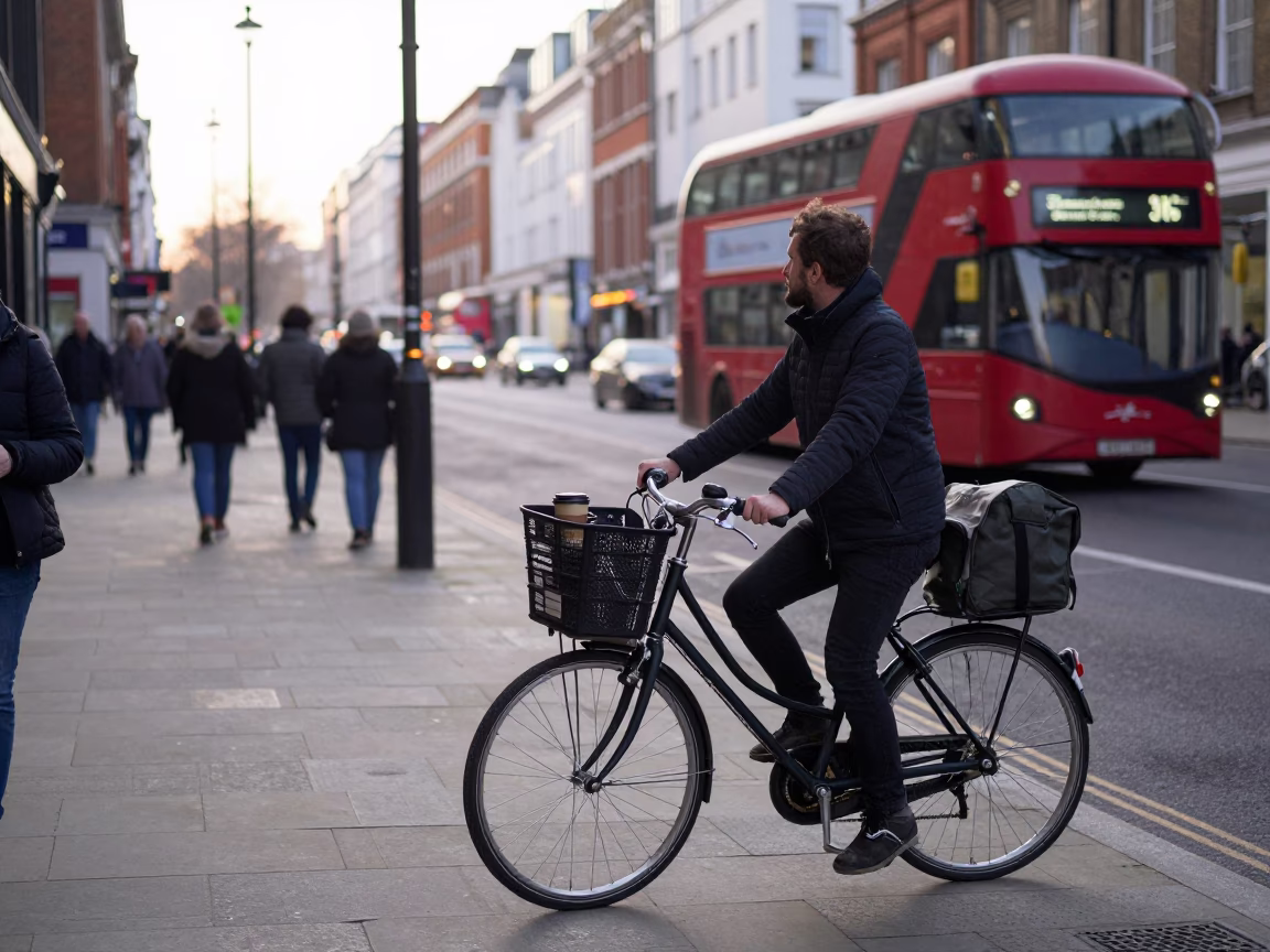 Busy London Street Scene Early Morning with Bicycle Basket and Coffee Mug in in London, United Kingdom