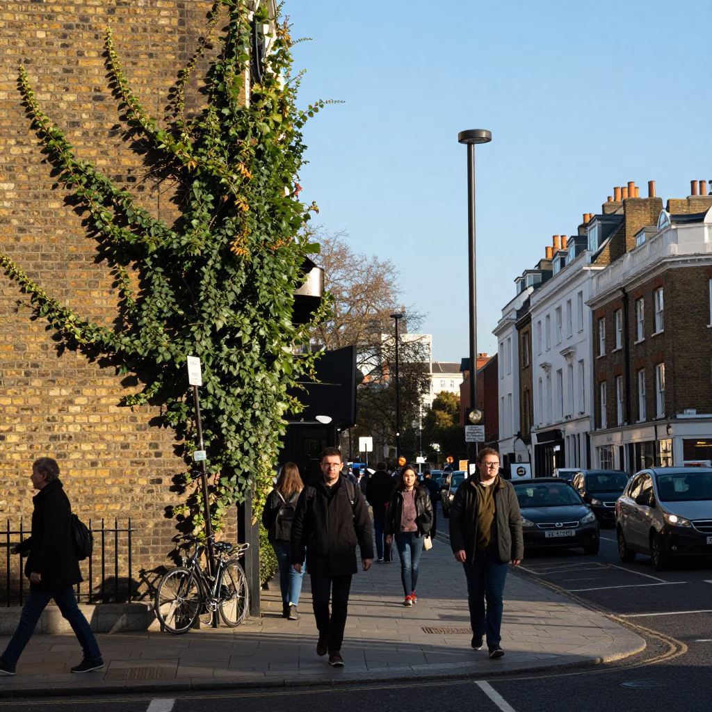 Busy London Street Scene in Clear Late Afternoon Light with Ivy and Construction in in London, United Kingdom